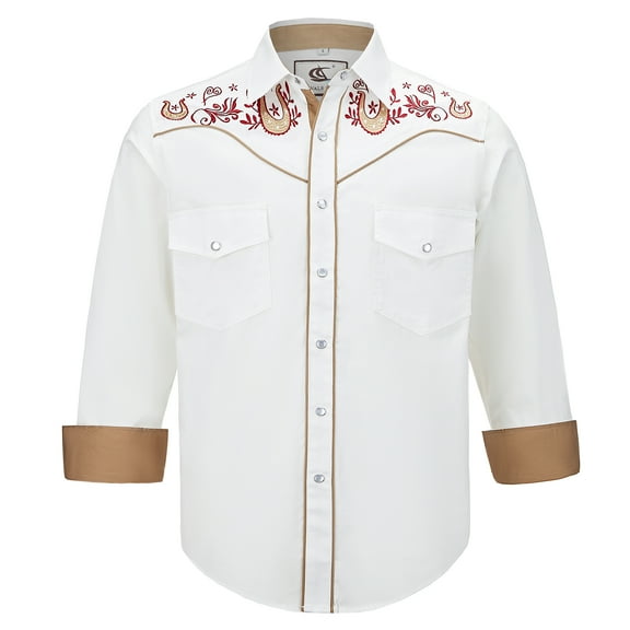 COEVALS CLUB Men's Embroidered Western Cowboy Long Sleeve Pearl Snap Two Pockets Casual Button up Shirts White 3-02 Large