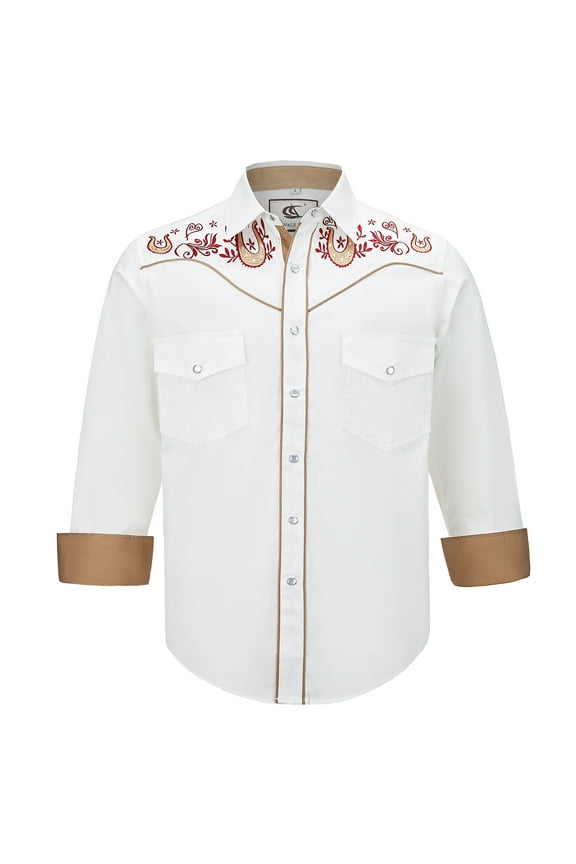 Men's Embroidered Western Cowboy Long Sleeve Pearl Snap Two Pockets Casual Button up Shirts White 3-02 X-Large