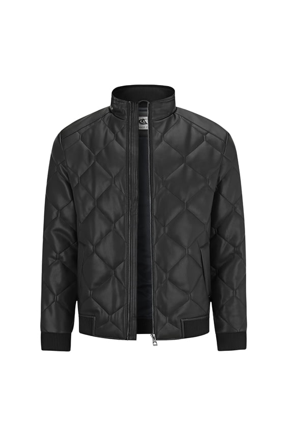 Men's Faux Leather Jacket Coat Winter Pockets Quilted Motorcycle Casual Bomber Jacket 1# Black Large