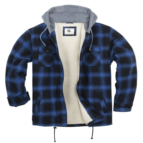 COEVALS CLUB Men's Flannel Hooded Jacket Shacket Sherpa Quilted Lined Casual Button up Snap Premium Jacket Shirts 03 Blue Black XX-Large