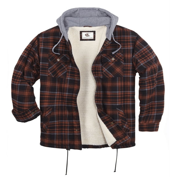 COEVALS CLUB Men's Flannel Hooded Jacket Shacket Sherpa Quilted Lined Casual Button up Snap Premium Jacket Shirts 06 Russet Brown Black 4X-Large