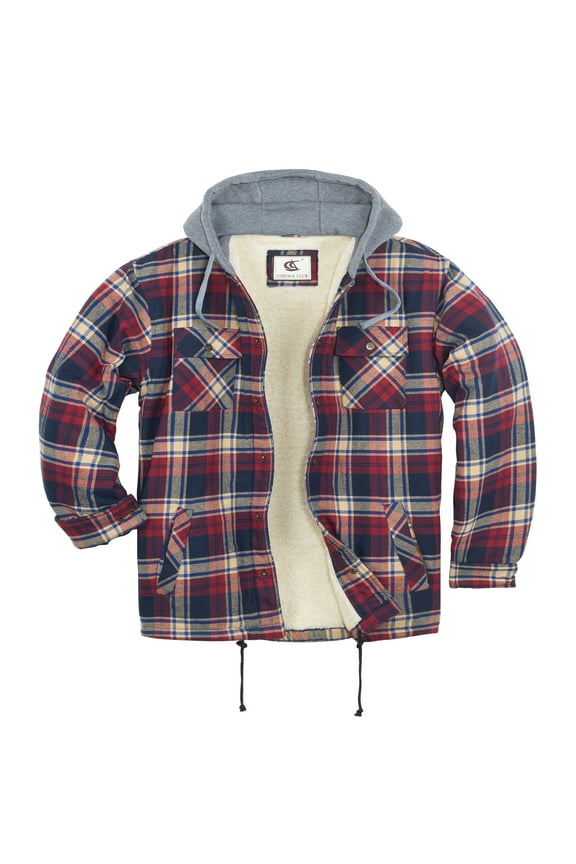 Men's Flannel Hooded Jacket Shacket Sherpa Quilted Lined Casual Button up Snap Premium Jacket Shirts 07 Khaki Blue Crimson Medium