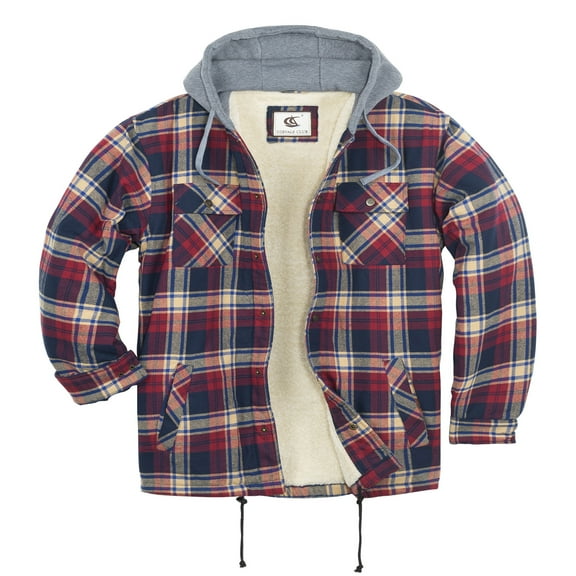 COEVALS CLUB Men's Flannel Hooded Jacket Shacket Sherpa Quilted Lined Casual Button up Snap Premium Jacket Shirts 07 Khaki Blue Crimson Small