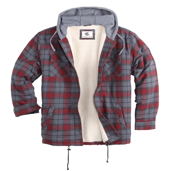 COEVALS CLUB Men's Flannel Hooded Jacket Shacket Sherpa Quilted Lined Casual Button up Snap Premium Jacket Shirts 08 Merlot Gray XX-Large