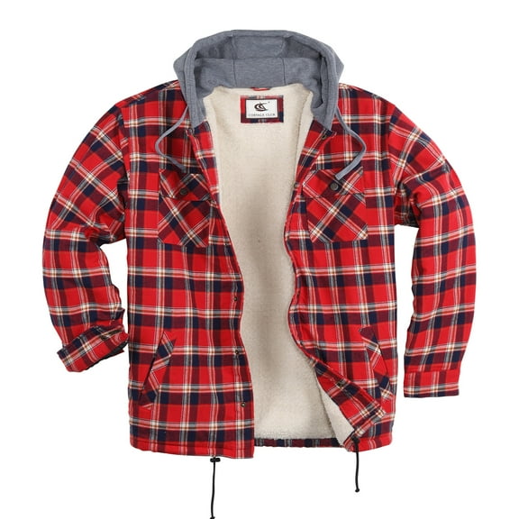 COEVALS CLUB Men's Flannel Hooded Jacket Shacket Sherpa Quilted Lined Casual Button up Snap Premium Jacket Shirts 10 Navy Red White 3X-Large
