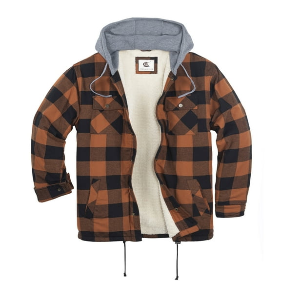 COEVALS CLUB Men's Flannel Hooded Jacket Shacket Sherpa Quilted Lined Casual Button up Snap Premium Jacket Shirts 12 Brown Black X-Large