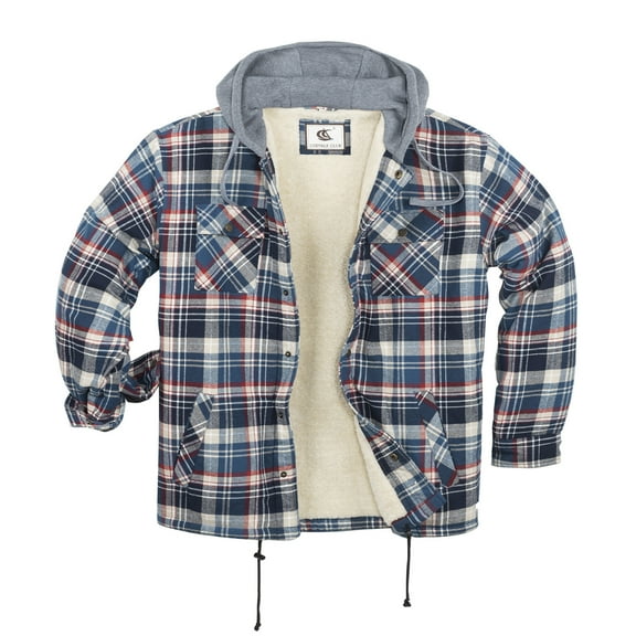 COEVALS CLUB Men's Flannel Hooded Jacket Shacket Sherpa Quilted Lined Casual Button up Snap Premium Jacket Shirts 15 Beige Blue X-Large
