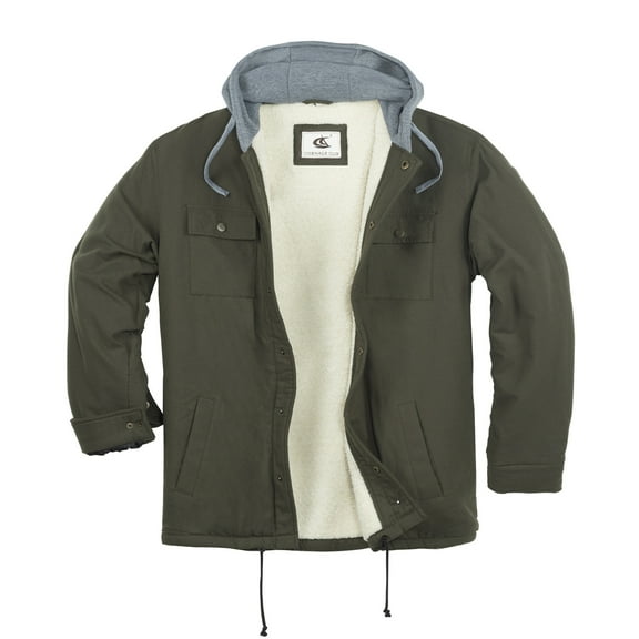 COEVALS CLUB Men's Flannel Hooded Jacket Shacket Sherpa Quilted Lined Casual Button up Snap Premium Jacket Shirts 18 Army 3X-Large