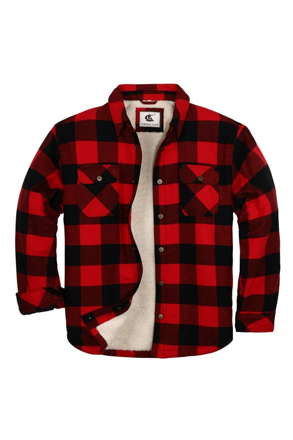 Men's Flannel Jacket Shacket Sherpa Quilted Lined Casual Button up Snap Premium Jacket Shirts 50 Red Black Large