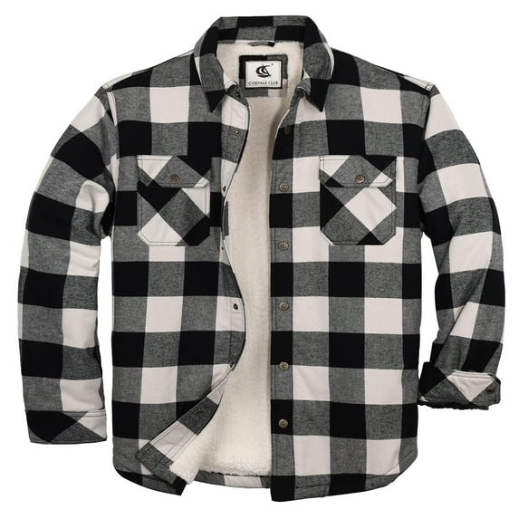 COEVALS CLUB Men's Flannel Jacket Shacket Sherpa Quilted Lined Casual Button up Snap Premium Jacket Shirts 51 White Black Medium