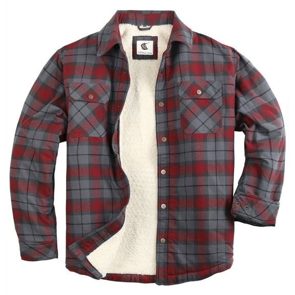 COEVALS CLUB Men's Flannel Jacket Shacket Sherpa Quilted Lined Casual Button up Snap Premium Jacket Shirts 57 Merlot Gray 4X-Large
