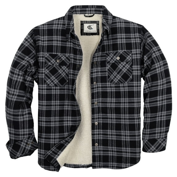 COEVALS CLUB Men's Flannel Jacket Shacket Sherpa Quilted Lined Casual Button up Snap Premium Jacket Shirts 58 Black Gray 4X-Large