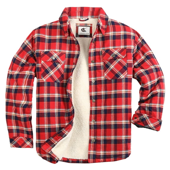 COEVALS CLUB Men's Flannel Jacket Shacket Sherpa Quilted Lined Casual Button up Snap Premium Jacket Shirts 59 Red Navy White XX-Large