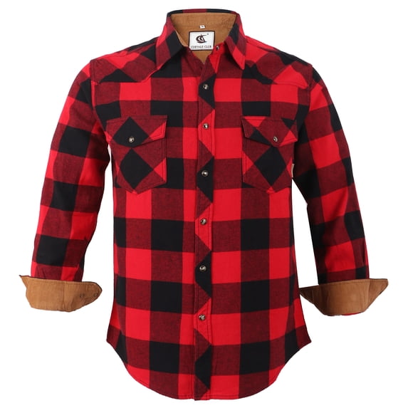 COEVALS CLUB Men's Flannel Western Pearl Sanp Button Two Chest Pockets Work Long Sleeve Shirts 01 Red Black X-Large