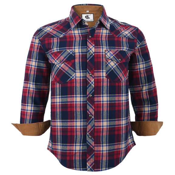 COEVALS CLUB Men's Flannel Western Pearl Sanp Button Two Chest Pockets Work Long Sleeve Shirts 07 Khaki Blue Crimson 3X-Large