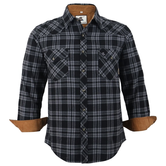 COEVALS CLUB Men's Flannel Western Pearl Sanp Button Two Chest Pockets Work Long Sleeve Shirts 09 Gray Black Large