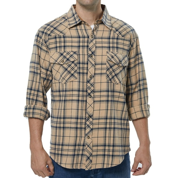 COEVALS CLUB Men's Flannel Western Pearl Snap Corduroy Lined Plaid Work Long Sleeve Shirts 05 Khaki Navy X-Large