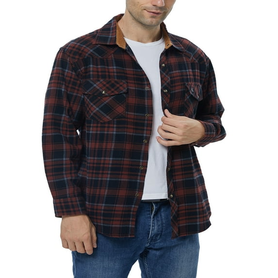 COEVALS CLUB Men's Flannel Western Pearl Snap Corduroy Lined Plaid Work Long Sleeve Shirts 06 Russet Brown Black 4X-Larg