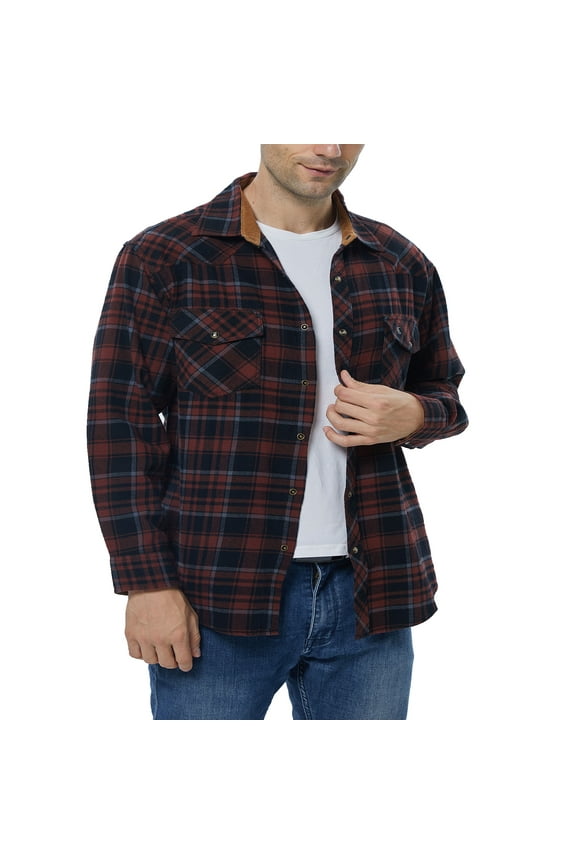 Men's Flannel Western Pearl Snap Corduroy Lined Plaid Work Long Sleeve Shirts 06 Russet Brown Black Large