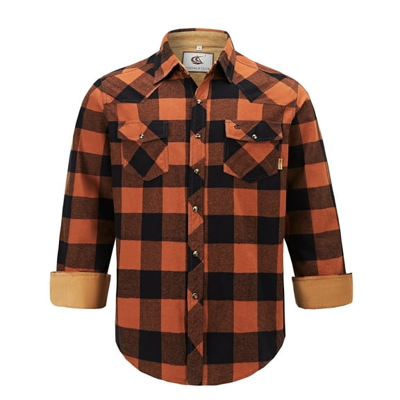 COEVALS CLUB Men's Flannel Western Pearl Snap Corduroy Lined Plaid Work Long Sleeve Shirts 12 Brown Black XX-Large