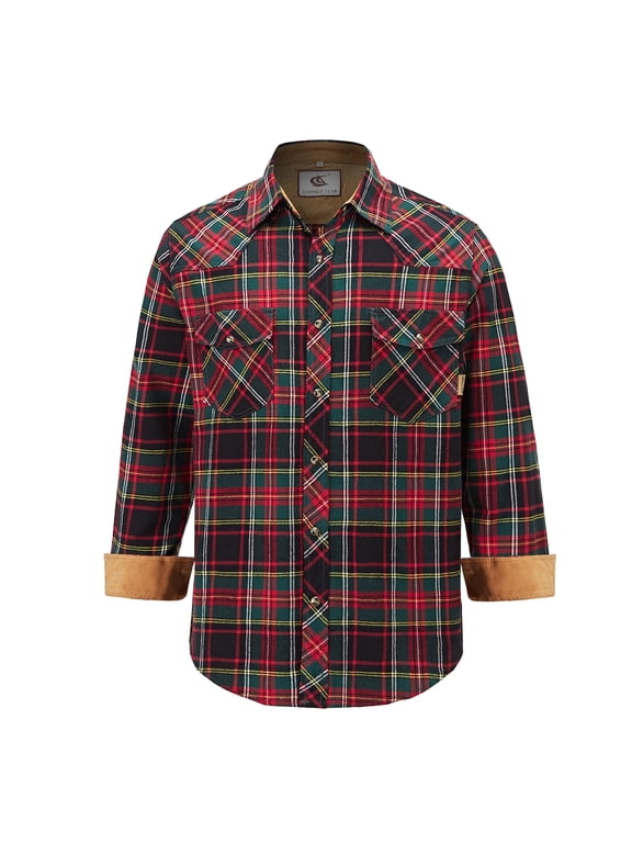 Men's Flannel Western Pearl Snap Corduroy Lined Plaid Work Long Sleeve Shirts 14 Dark Green 4X-Larg