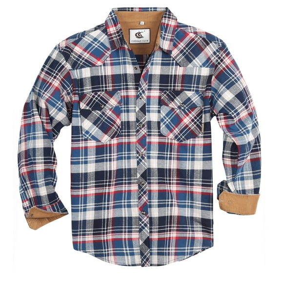 COEVALS CLUB Men's Flannel Western Pearl Snap Corduroy Lined Plaid Work Long Sleeve Shirts 15 Beige Blue Small