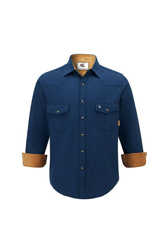Men's Flannel Western Pearl Snap Corduroy Lined Plaid Work Long Sleeve Shirts 16 Navy Large
