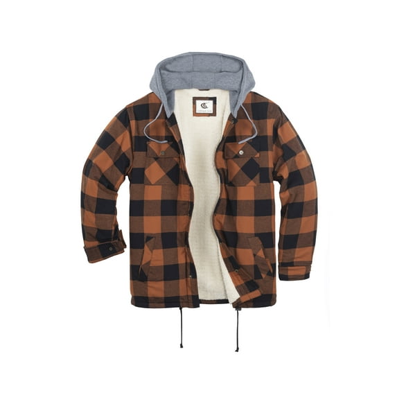 COEVALS CLUB Men's Hooded Sherpa Lined Flannel Long Sleeve Cotton Plaid Snap Button Up Shirts Quilted Jacket (Brown, Black/12# Large)
