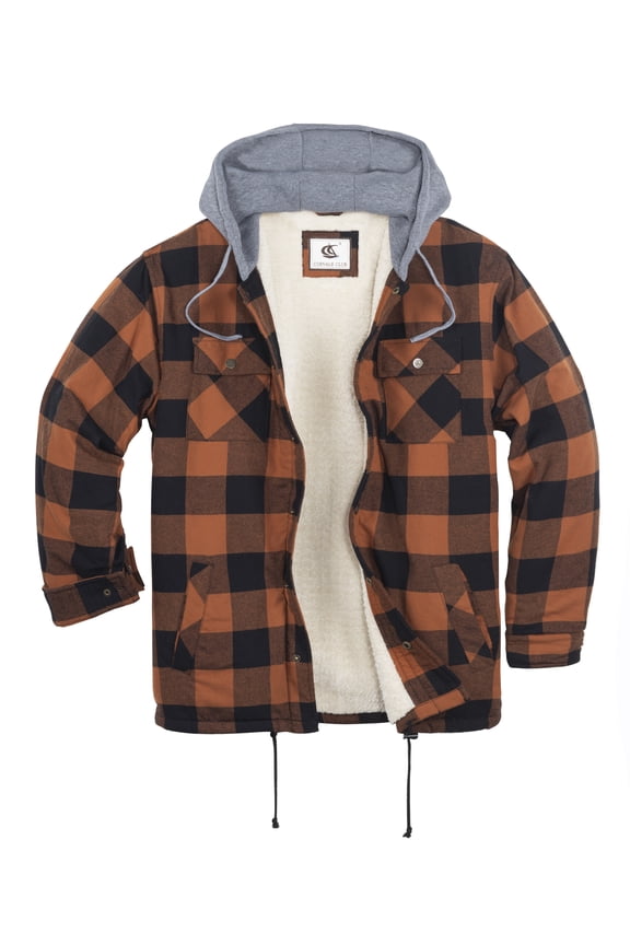 Men's Hooded Sherpa Lined Flannel Long Sleeve Cotton Plaid Snap Button Up Shirts Quilted Jacket (Brown, Black/12# Medium)
