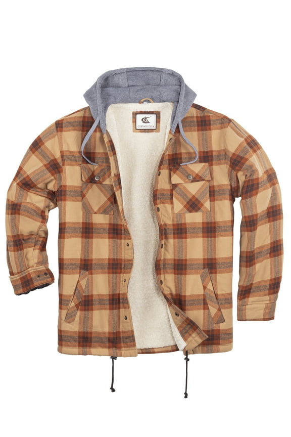 Men's Hooded Sherpa Lined Flannel Long Sleeve Cotton Plaid Snap Button Up Shirts Quilted Jacket (Brown Plaid/4# Medium)