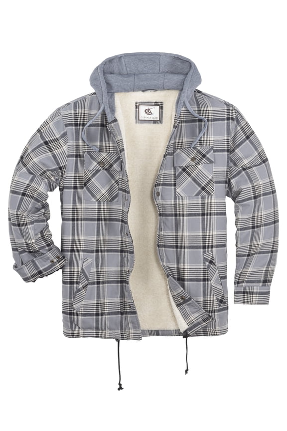 Men's Hooded Sherpa Lined Flannel Long Sleeve Cotton Plaid Snap Button Up Shirts Quilted Jacket (Gray Plaid/13# Small)