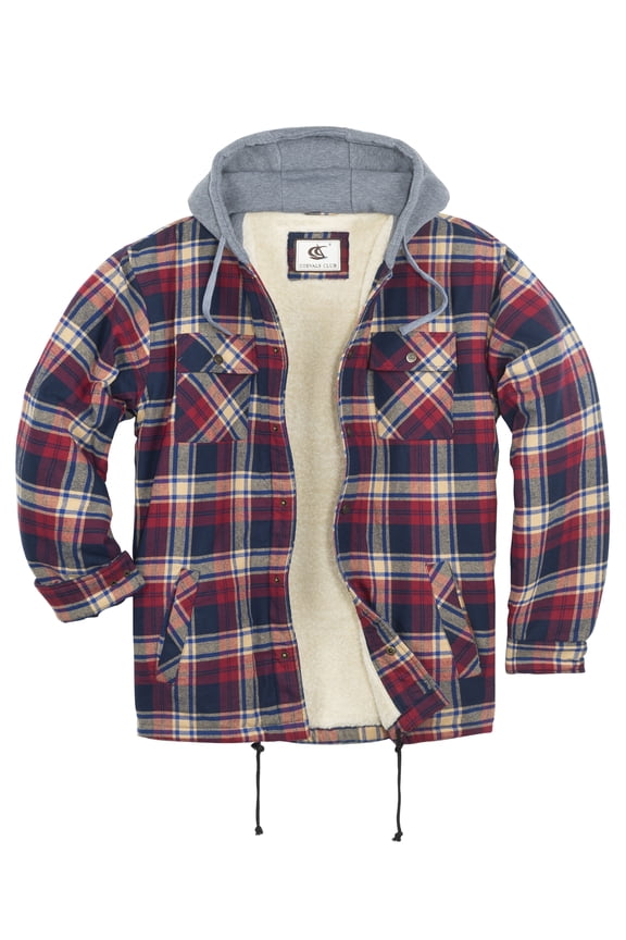 Men's Hooded Sherpa Lined Flannel Long Sleeve Cotton Plaid Snap Button Up Shirts Quilted Jacket (Khaki, Blue, Crimson/7# Small)