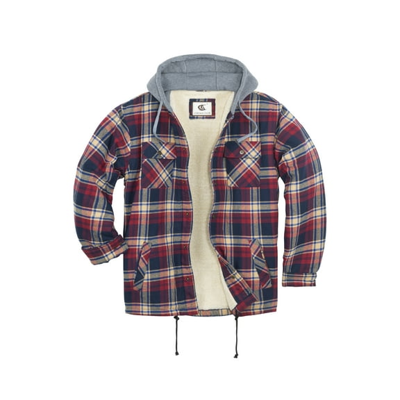 COEVALS CLUB Men's Hooded Sherpa Lined Flannel Long Sleeve Cotton Plaid Snap Button Up Shirts Quilted Jacket (Khaki, Blue, Crimson/7# XX-Large)