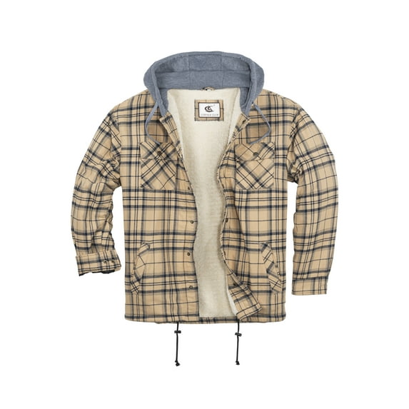 COEVALS CLUB Men's Hooded Sherpa Lined Flannel Long Sleeve Cotton Plaid Snap Button Up Shirts Quilted Jacket (Khaki, Navy/5# Medium)
