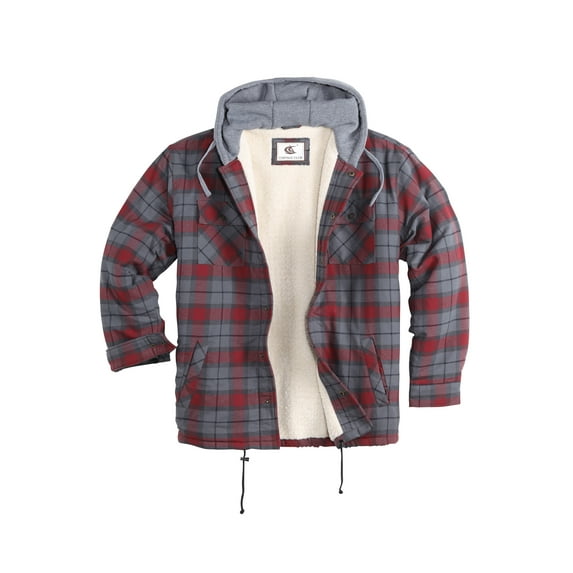 COEVALS CLUB Men's Hooded Sherpa Lined Flannel Long Sleeve Cotton Plaid Snap Button Up Shirts Quilted Jacket (Merlot, Gray/8# Small)