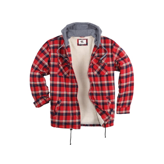 COEVALS CLUB Men's Hooded Sherpa Lined Flannel Long Sleeve Cotton Plaid Snap Button Up Shirts Quilted Jacket (Navy, Red, White/10# 4X-Large)