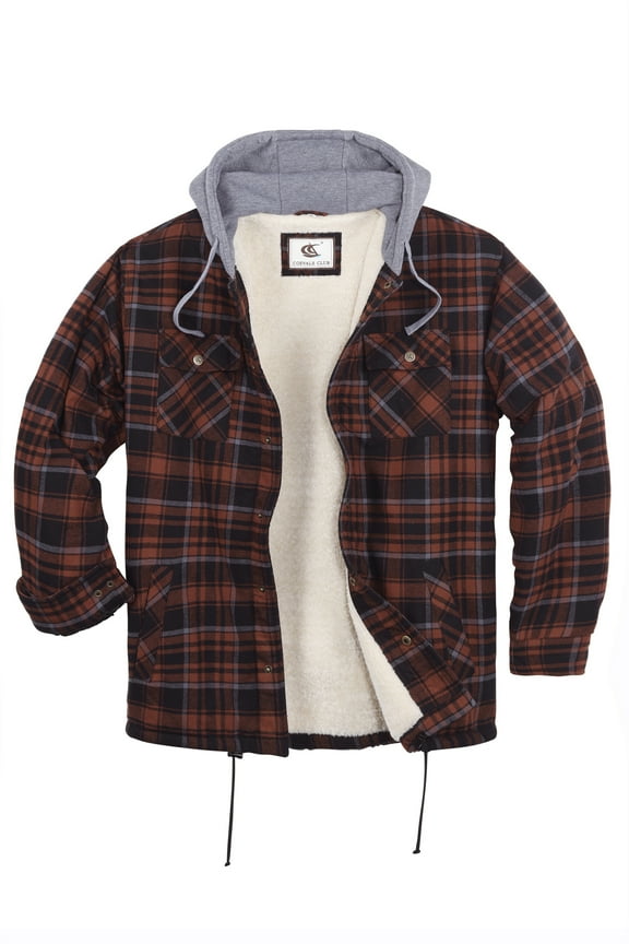 Men's Hooded Sherpa Lined Flannel Long Sleeve Cotton Plaid Snap Button Up Shirts Quilted Jacket (Russet Brown, Black/6# X-Large)