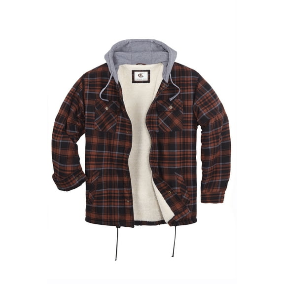 COEVALS CLUB Men's Hooded Sherpa Lined Flannel Long Sleeve Cotton Plaid Snap Button Up Shirts Quilted Jacket (Russet Brown, Black/6# XX-Large)