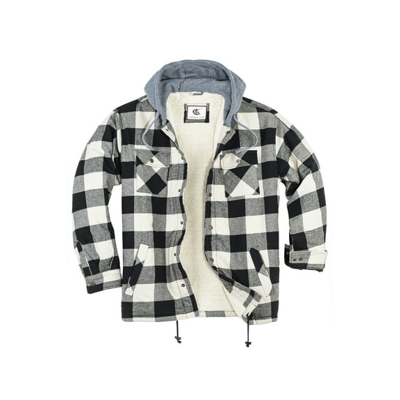 COEVALS CLUB Men's Hooded Sherpa Lined Flannel Long Sleeve Cotton Plaid Snap Button Up Shirts Quilted Jacket (White, Black/2# Large)