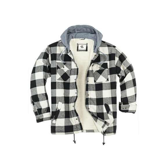 COEVALS CLUB Men's Hooded Sherpa Lined Flannel Long Sleeve Cotton Plaid Snap Button Up Shirts Quilted Jacket (White, Black/2# Medium)