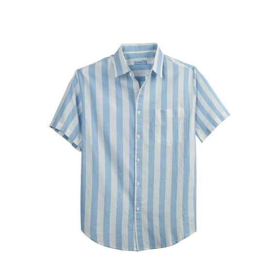 COEVALS CLUB Men’s Linen Beach Summer Casual Button Down Shirt Solid Short Sleeve Cotton Guayabera Shirts (White Blue/2XL 6#)