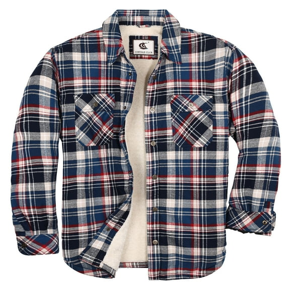 COEVALS CLUB Men's Sherpa Lined Flannel Long Sleeve Cotton Plaid Snap Button Up Shirts Quilted Jacket (Beige, Blue/15# Small)