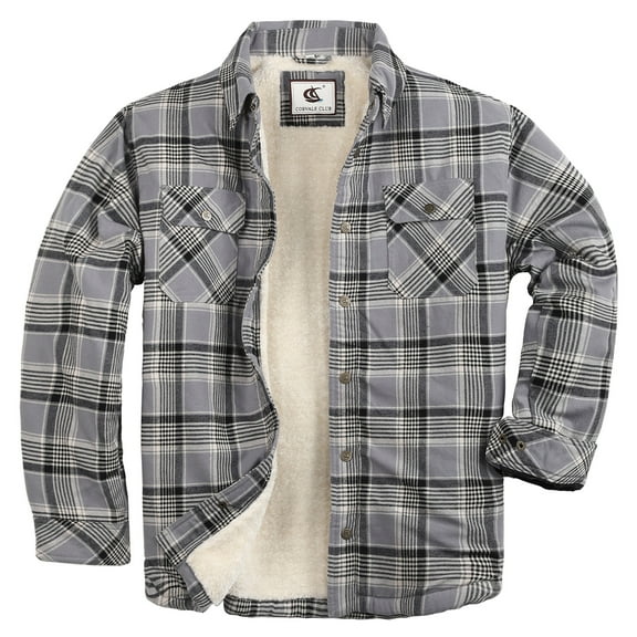 COEVALS CLUB Men's Sherpa Lined Flannel Long Sleeve Cotton Plaid Snap Button Up Shirts Quilted Jacket (Gray Plaid/13# Small)