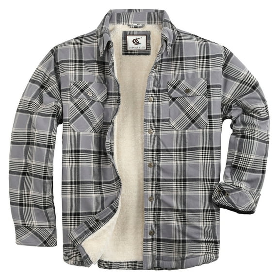 COEVALS CLUB Men's Sherpa Lined Flannel Long Sleeve Cotton Plaid Snap Button Up Shirts Quilted Jacket (Gray Plaid/13# Small)