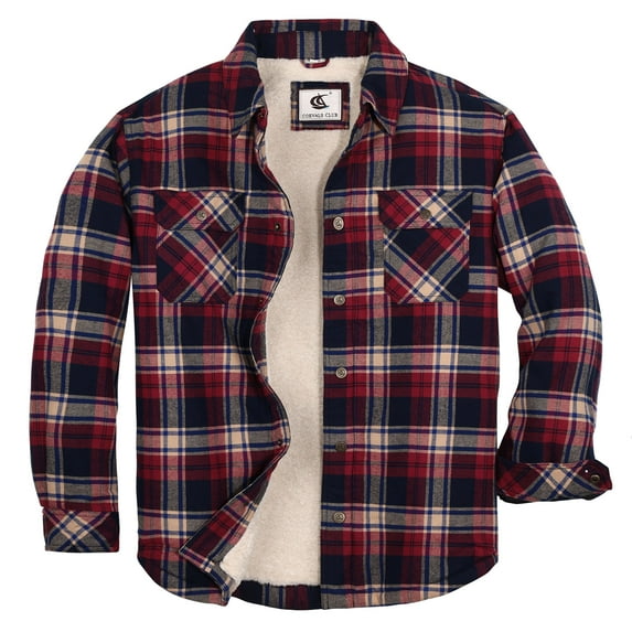 COEVALS CLUB Men's Sherpa Lined Flannel Long Sleeve Cotton Plaid Snap Button Up Shirts Quilted Jacket (Khaki, Blue, Crimson/7# X-Large)