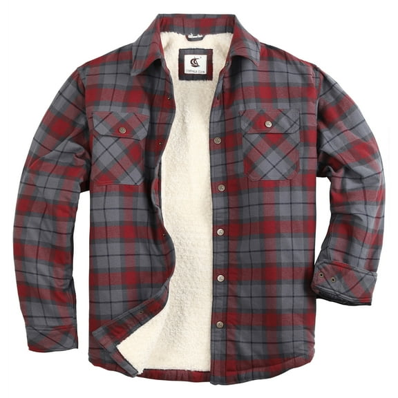 COEVALS CLUB Men's Sherpa Lined Flannel Long Sleeve Cotton Plaid Snap Button Up Shirts Quilted Jacket (Merlot, Gray/8# Medium)