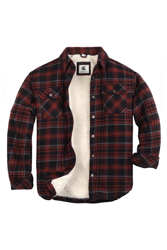 Men's Sherpa Lined Flannel Long Sleeve Cotton Plaid Snap Button Up Shirts Quilted Jacket (Russet Brown, Black/6# X-Large)