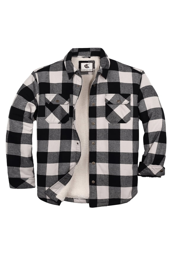 Men's Sherpa Lined Flannel Long Sleeve Snap Shirts Quilted Jacket (White Black/4X-Large 5#)
