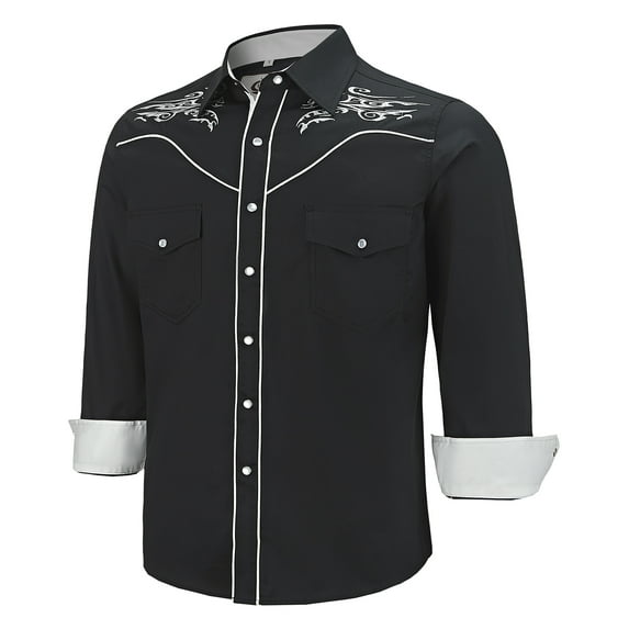 COEVALS CLUB Men's Western Cowboy Embroidered Shirts Long Sleeve Pearl Snap Dress Button up Cotton Shirts P1-1 Black XX-Large