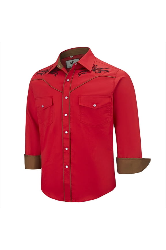 Men's Western Cowboy Embroidered Shirts Long Sleeve Pearl Snap Dress Button up Cotton Shirts P1-4 Red 3X-Large